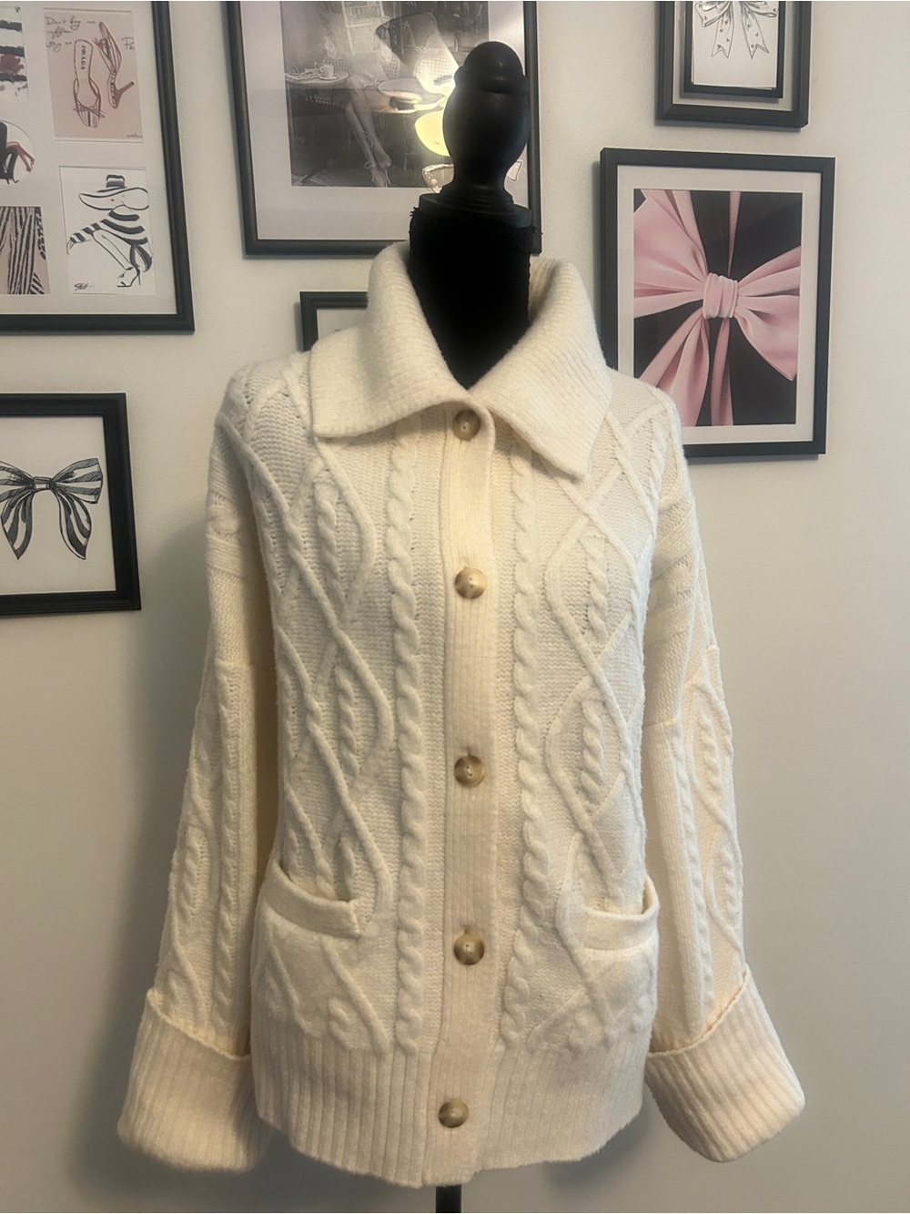 Abercrombie & Fitch Cream Cable-Knit Button Cardigan
